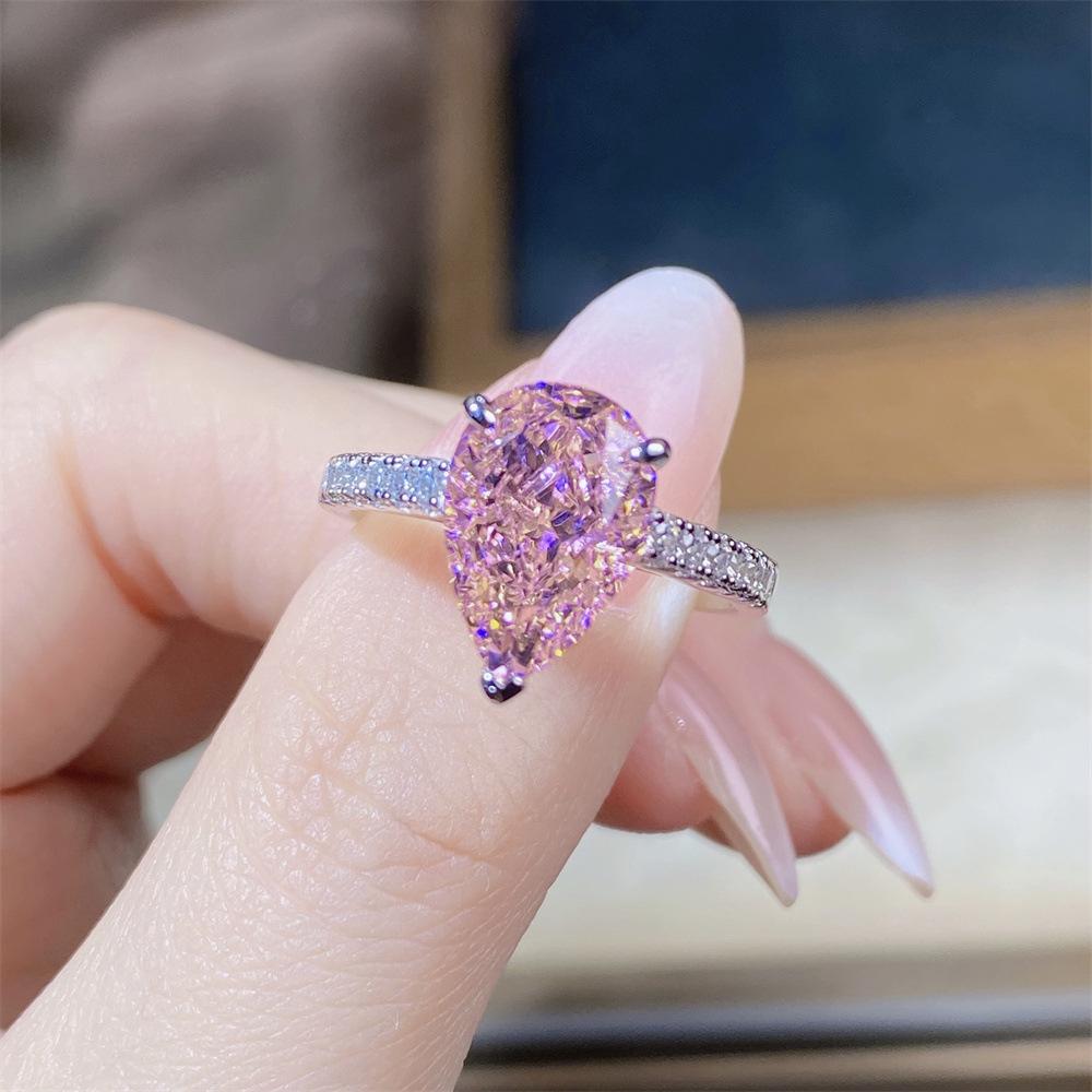 Nine Beauty Jewelry Teardrop Zircon Ring: S925 Sterling Silver, Pink High-Carbon Diamond, European & American Ice Flower Cut.
