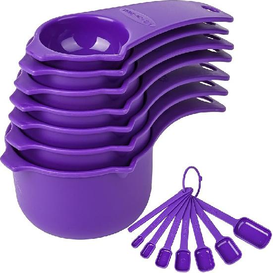 Measuring Cups and Spoons Set 15, 7 Plastic Measuring Cup Set, 7 Spice Long Handle Measuring Spoons with 1 Leveler for Kitchen and Baking, Dry Metric