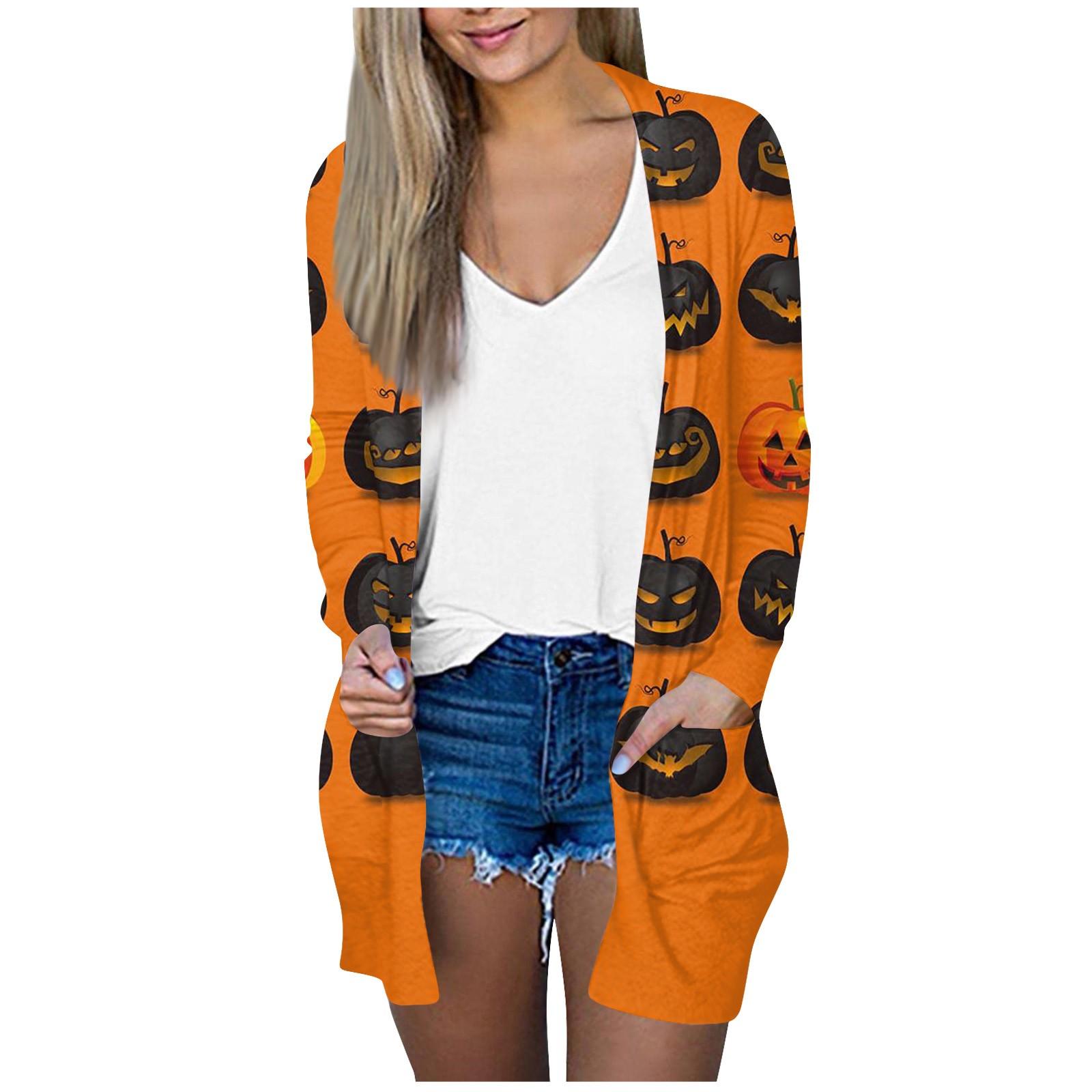 

Женская модная повседневная куртка-кардиган средней длины с длинным рукавом и принтом на Хэллоуин XXXL оранжевый
