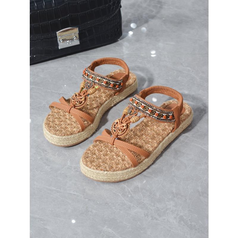 Bow, New Women's Shoes Flat-bottomed Handmade Beaded Rhinestone Sandals, Wearing Beach Little White Shoes Women