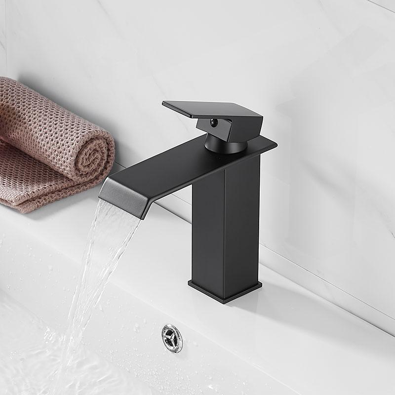 Bathroom Black Lavatory Waterfall Faucet hot and cold Crane Brass Sink Mixer  Waterfall Sink Faucet Single Handle Decked