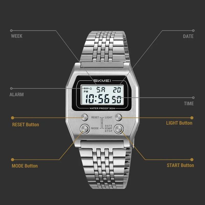 Herren Armbanduhren Edelstahl Sport Luxus Retro LED Elektronische Wasserdichte Digitaluhr