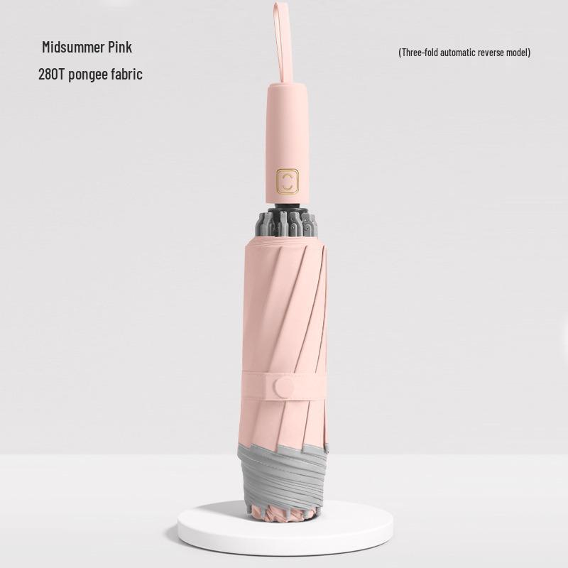 10-Rib 280T Pongee Automatic Three-Fold Inverted Umbrella with Silicone Strap Handle for Sun and Rain