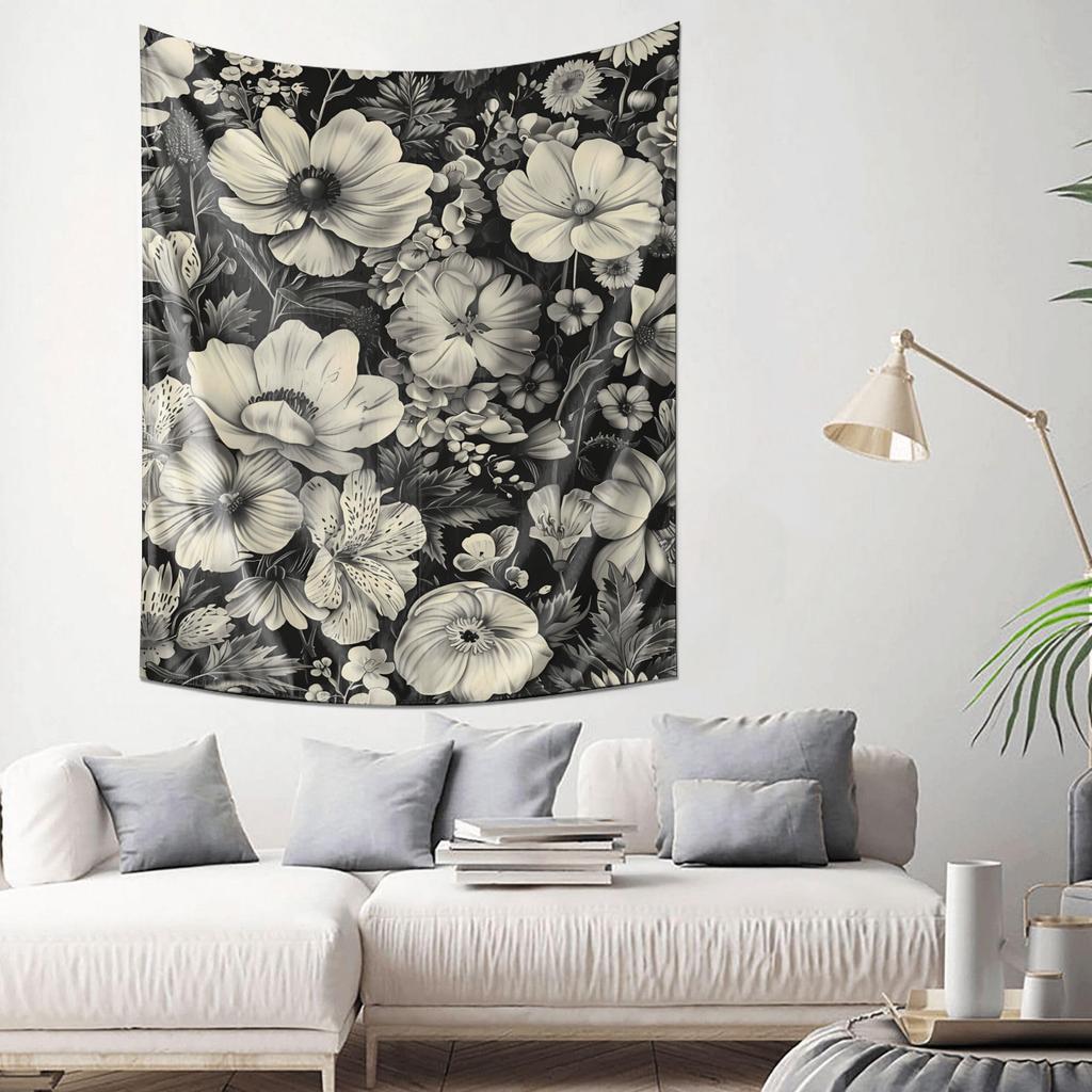 Elegant Black  White Flower Tapestry Living Room Wall Art Decor