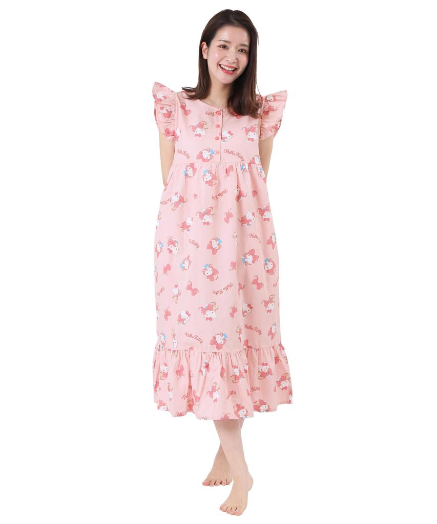 SAZAC Hello Kitty One-Piece Nightgown, Broadcloth, 100% Cotton, Women's, Button-Front Pajamas, Loungewear, Ribbon Design (Red/M-L/SAN1800)