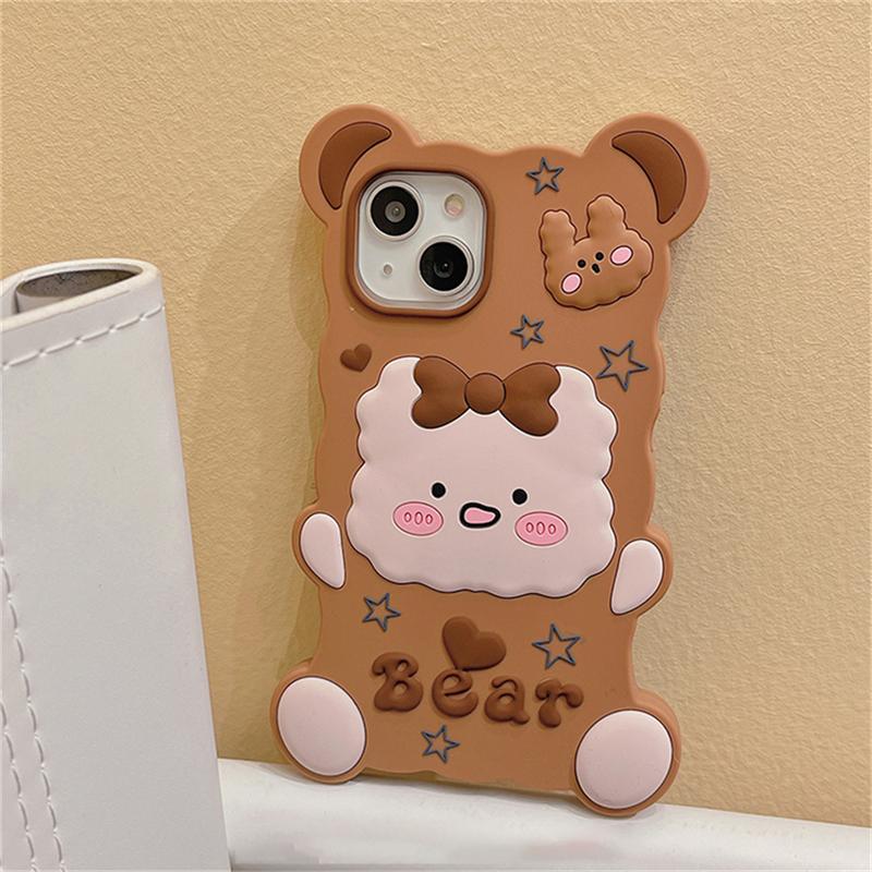 Korejský roztomilý 3D Cartoon Bear silikonový kryt na telefon s hvězdou pro iPhone 14 13 12 11 Pro Max Lovely Bunny ochranný měkký kryt Funda