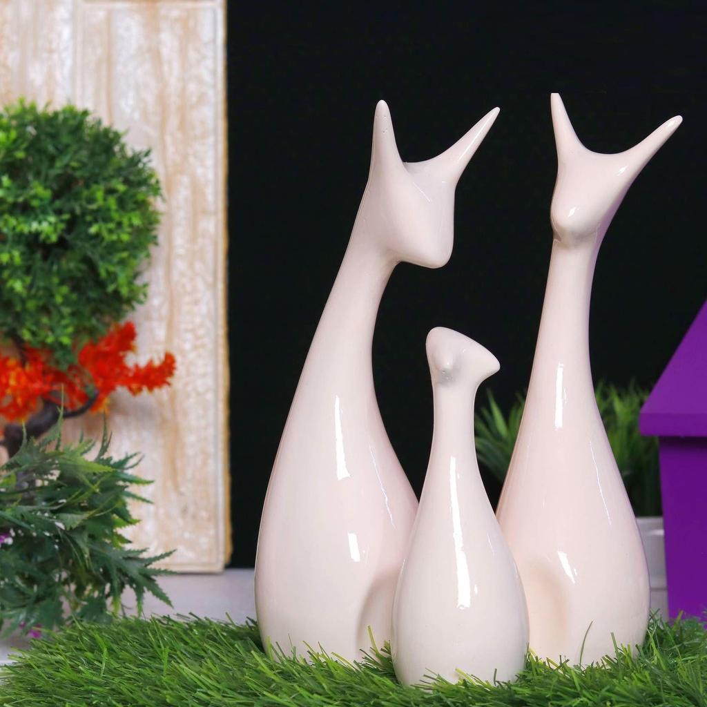 Lucky Deer Statue Family Piano Finish Ceramic Figures Deer Couple showpiece Decorative Showpiece - 25 cm  (Polyresin, Brown)