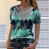 Women Tie-dye Printed Embroidery Collar Splicing Sleeve Pullover Blouse Tops