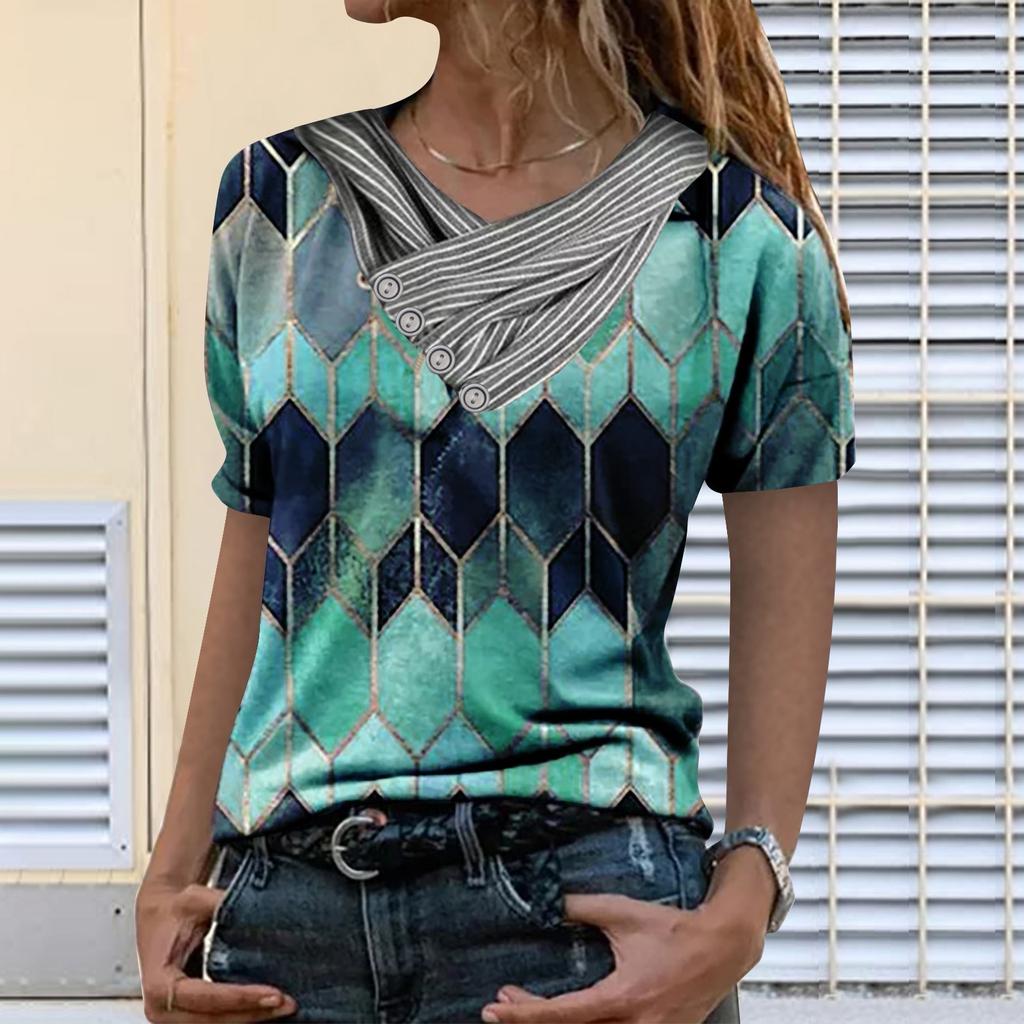 Women Tie-dye Printed Embroidery Collar Splicing Sleeve Pullover Blouse Tops