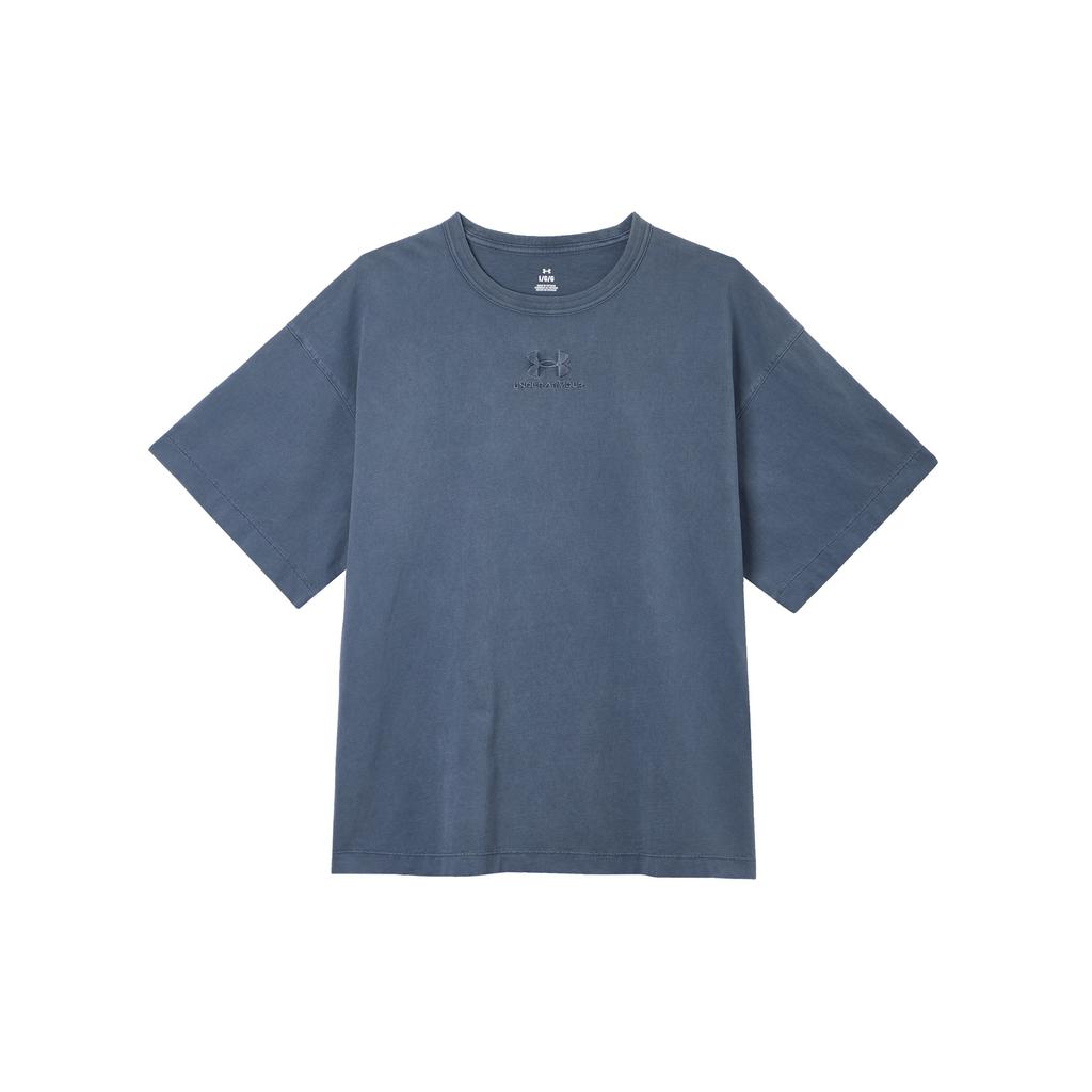 Under Armour Design de Bordado Dopamina Cor Sólida Casual Gola Redonda Manga Curta Ombro Caído Camiseta Masculina Camisetas Azul 1387993-044