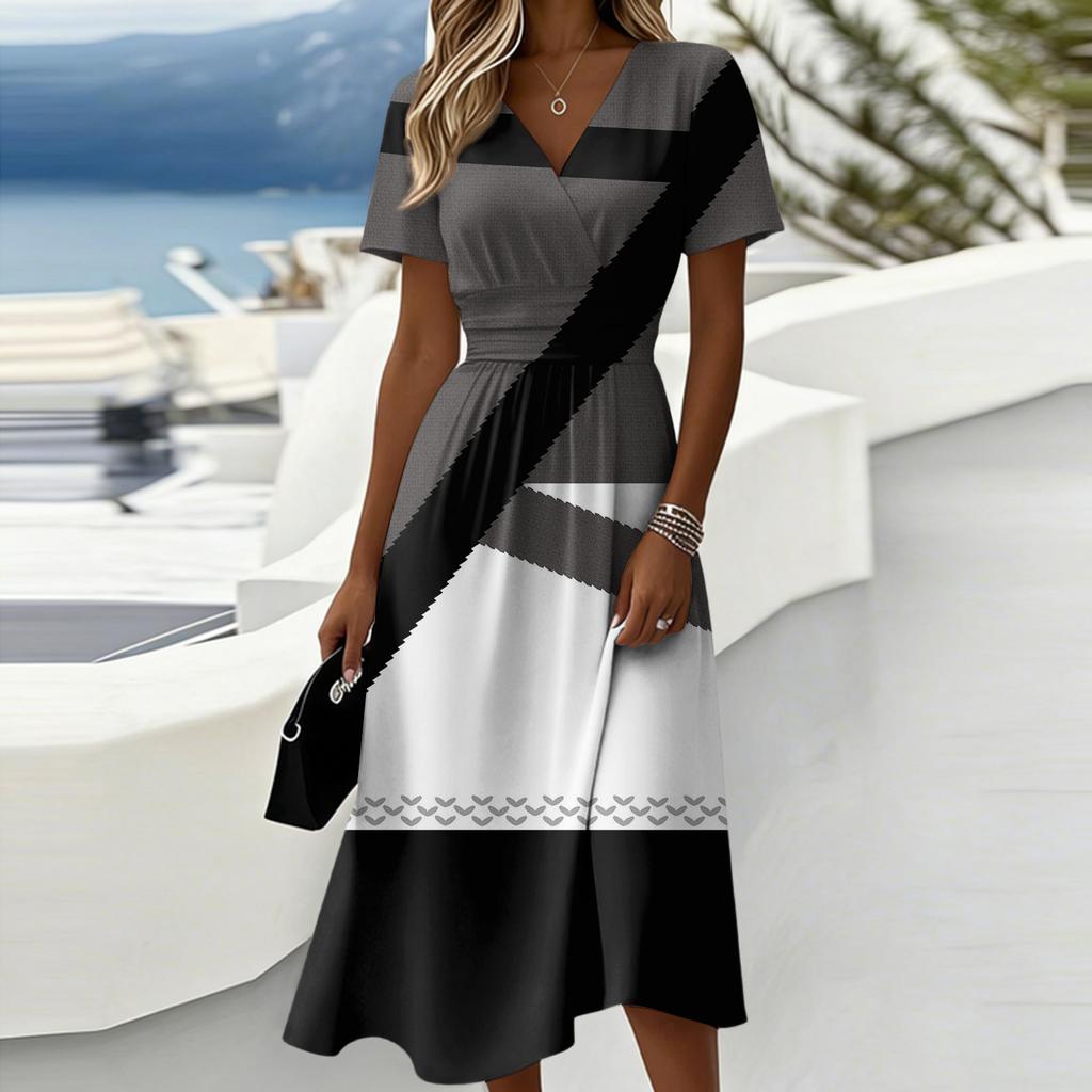 Ladies' Floral Casual Fashionable Short Sleeved V-neck Dress