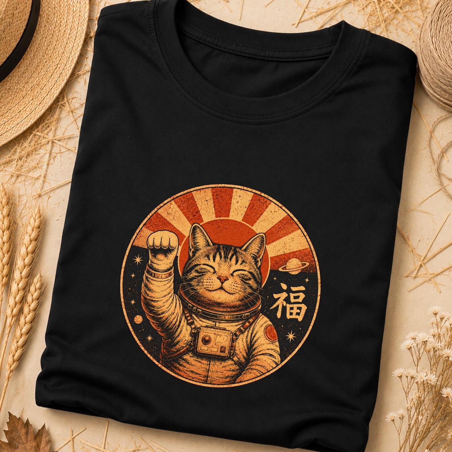 Japanese Space Cat Tshirt, Japanese Kanji Lucky Symbol T-Shirt, Mid Century Lucky Cat Tee, Minimalist Retro Kanji Tee, Space Cat Kanji Shirt L