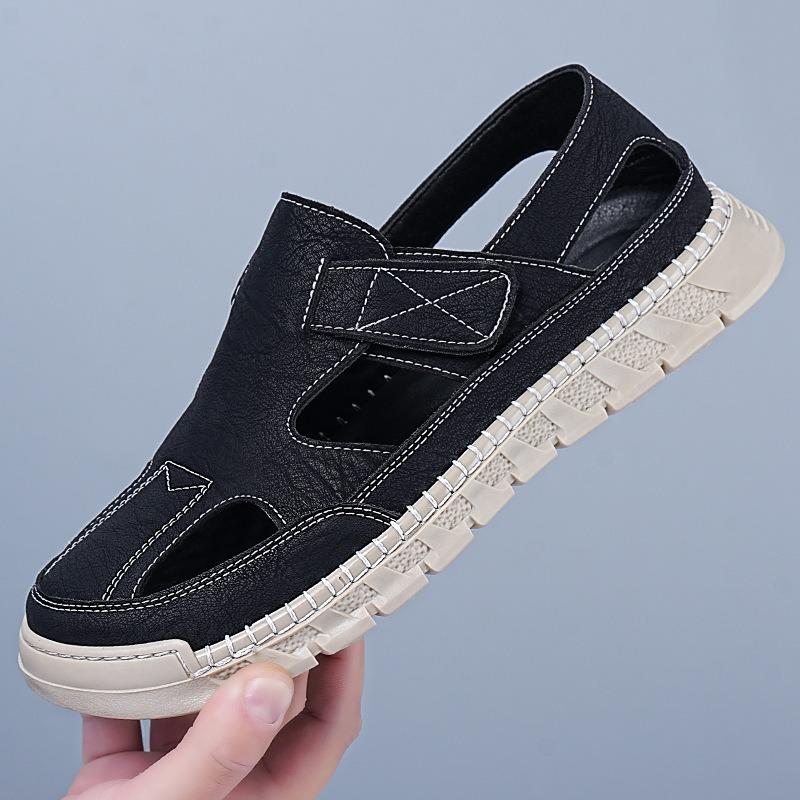 Baotou Hole Shoes Men's One-pedal Velcro Casual Men's Shoes Breathable Mesh Hollow Large Size Handmade Sandals