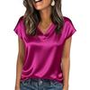 Damen Oberteile Mode Lässig V-Ausschnitt Kurzarm Bluse Business Lässige Oberteile Satin Seide Sommerhemd Arbeits Tuniken Oberteile