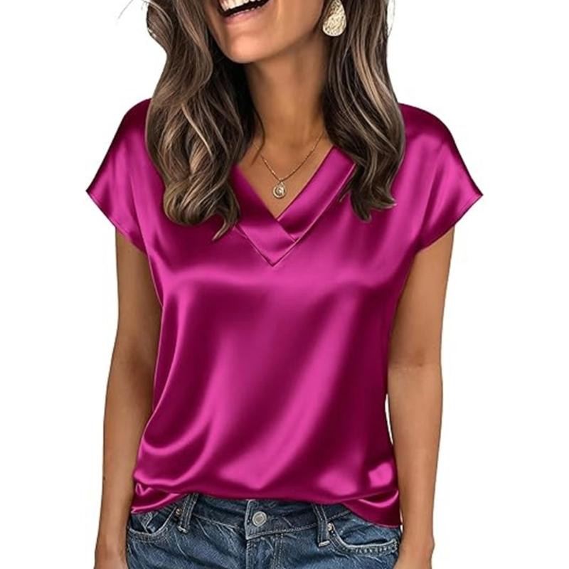 Damen Oberteile Mode Lässig V-Ausschnitt Kurzarm Bluse Business Lässige Oberteile Satin Seide Sommerhemd Arbeits Tuniken Oberteile