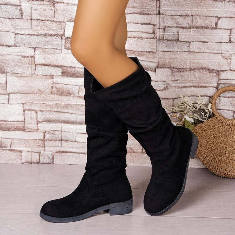 New casual large size stacking boots suede western boots tall thick heel fashion boots pleated boots