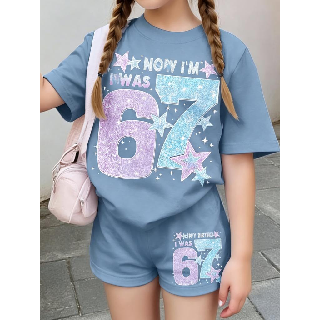 67 Children Birthday Matching Suit Number Print Short Sleeve Top and Elastic Waist Shorts Girls Celebration Party Daily Attire