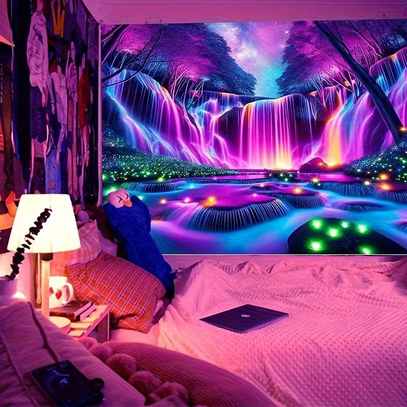 2D Glowing Waterfall Tapestry Psychedelic Purple Forest Backdrop Cloth for Living Room