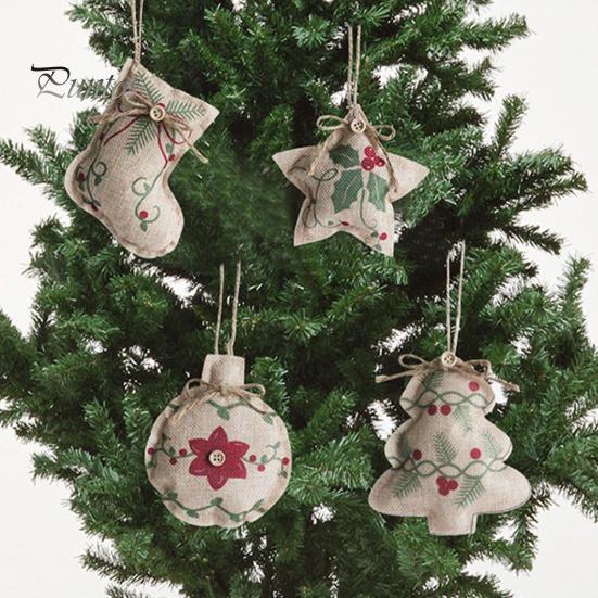 Five Pointed Star Tree Toppers Burlap Christmas Ornaments, Rustic Linen Fabric Hanging Decoration, Ball Stocking Farmhouse Ornaments Shaped