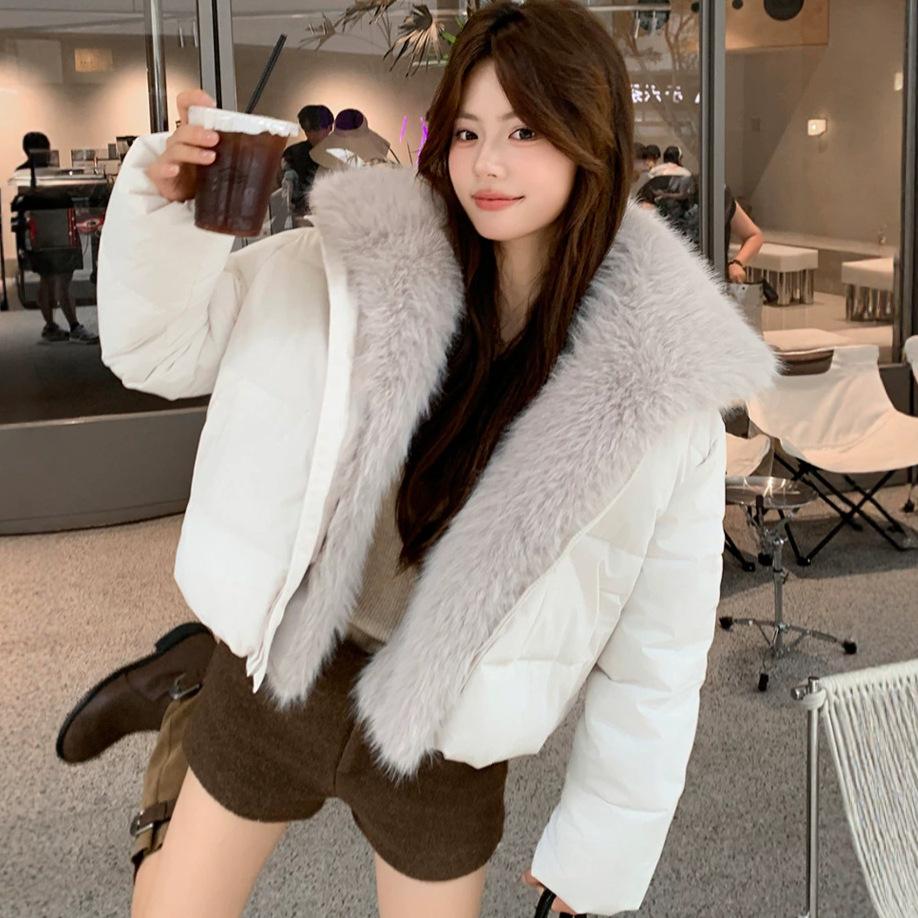 American super fluffy big fur collar lapel down cotton clothes women's winter advanced temperament thickened warm cotton coat