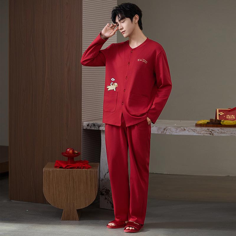 1A Antibacterial Red Couple Pajamas Wedding Pure Cotton Men's Natal Year Spring and Summer Loungewear Set Wedding Gift