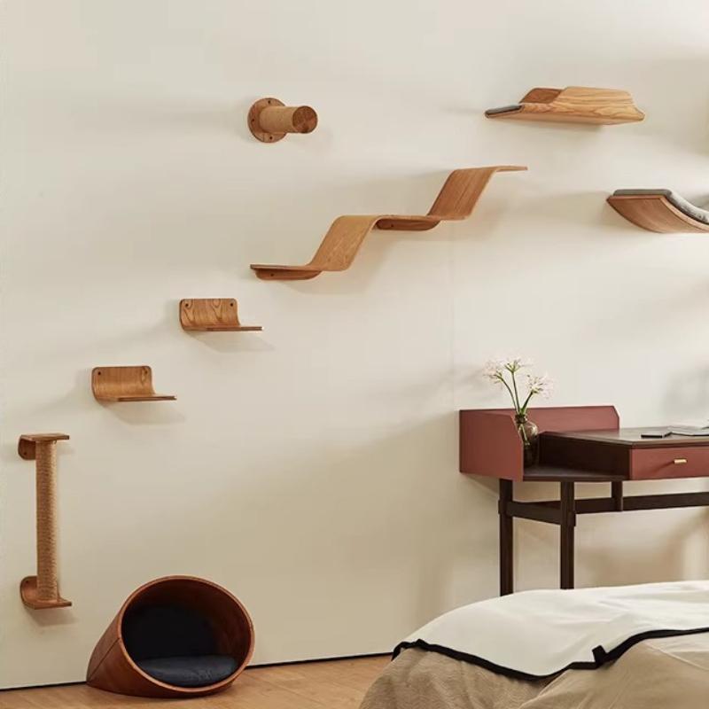 Wall Mounted Cat Climbing Shelf Solid Wood Pet Playground for Living Room Space Saving Cats Tree Modern Cat Furniture for Wall