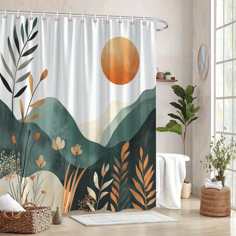 Minimalist Nature Shower Curtain - Tranquil Landscape With Sun, Green & Beige Foliage, Polyester, Machine Washable