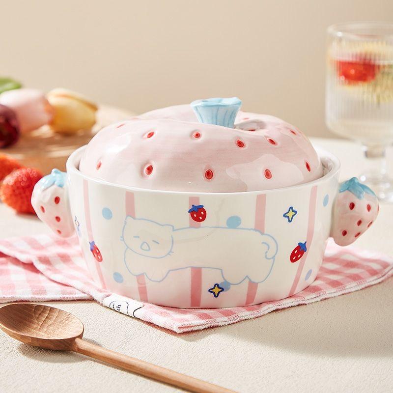Süße Keramik-Ramen-Schüssel mit Deckel, Nudelsuppenschüssel für Zuhause & Studenten
