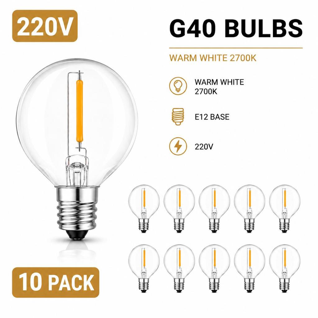 10pcs G40 Replacement Light Bulbs E12 1W 5V 24V 110V 220V Plastic Globe Bulbs for String Lights Indoor Outdoor Patio Garden Warm White