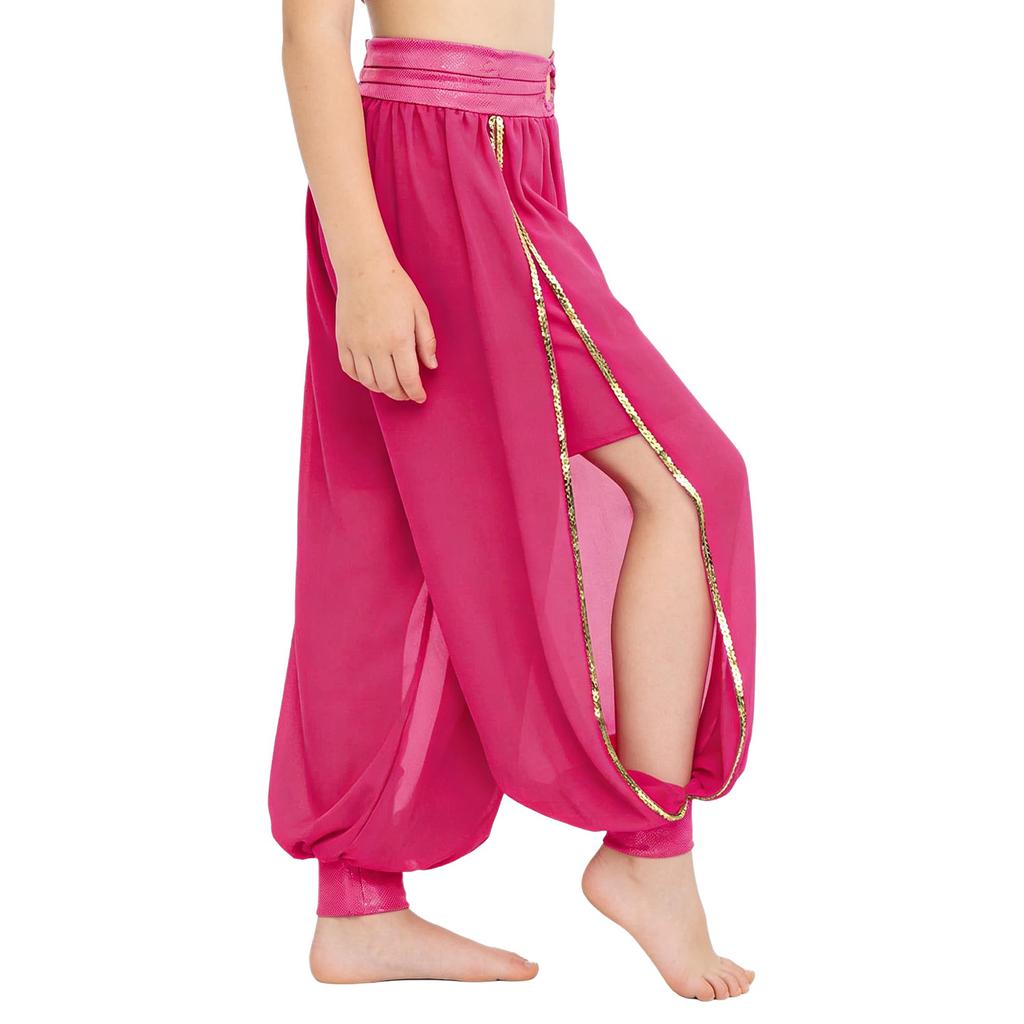 Shorts de Danse du Ventre pour Filles Chiffon Anneau O Taille Froncée Pantalon à Fente Latérale Costume d'Halloween Carnaval