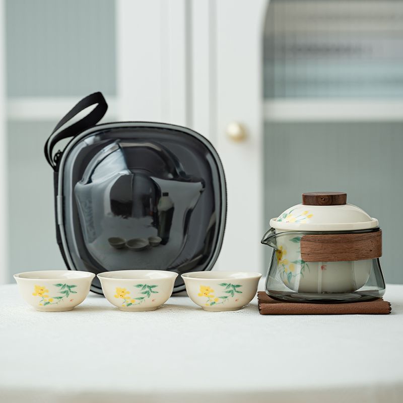 

Travel Tea Set, Ceramic Portable Quick- Tea Set, Chinese Teaware, 1 Teapot, 3 Teacups, Healthy Ceramic