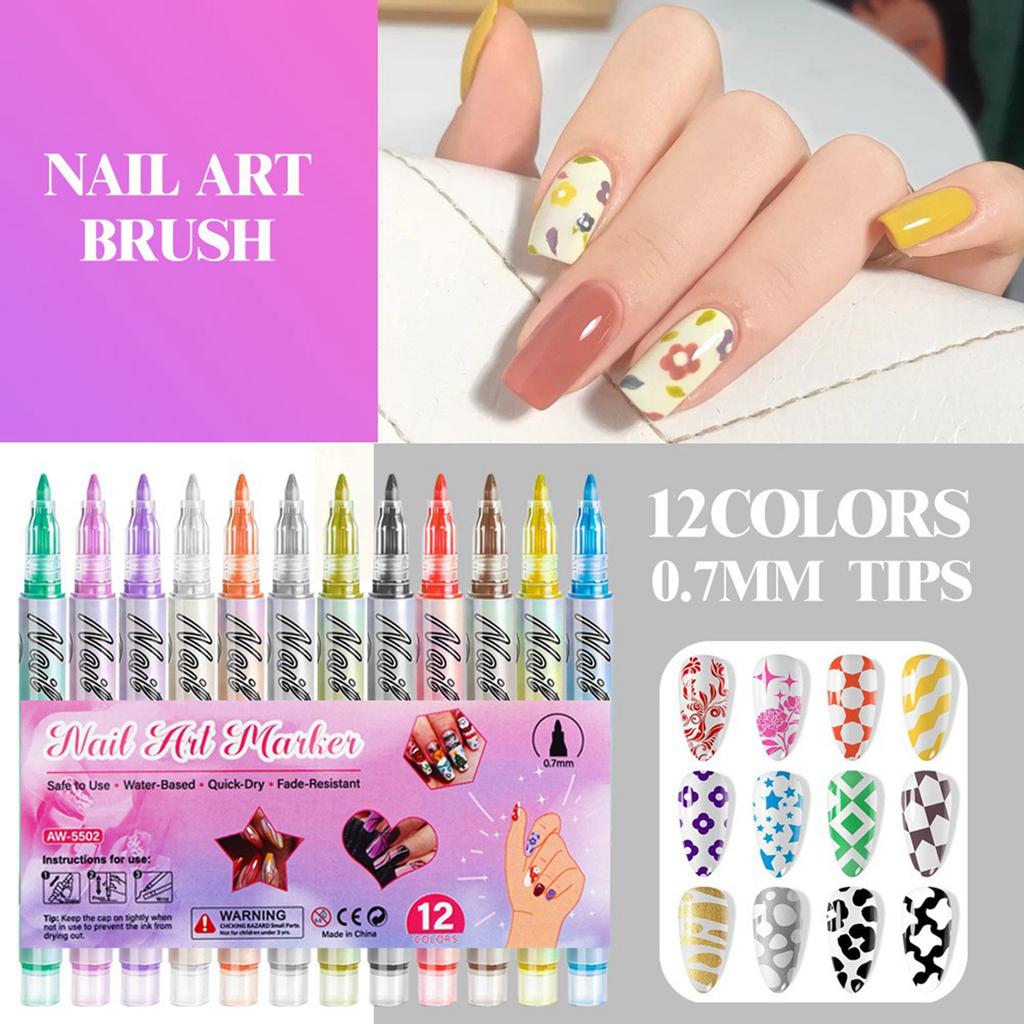 Nail Art Marker Set 12 Pieces Water-Based Quick-Dry Nail Polish Pens Fine Tip Nail Drawing Tools for Detailed Nail Designs and Decorations