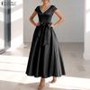 ZANZEA Women Elegant V-Neck Casual Short Sleeve Satin Long Dress