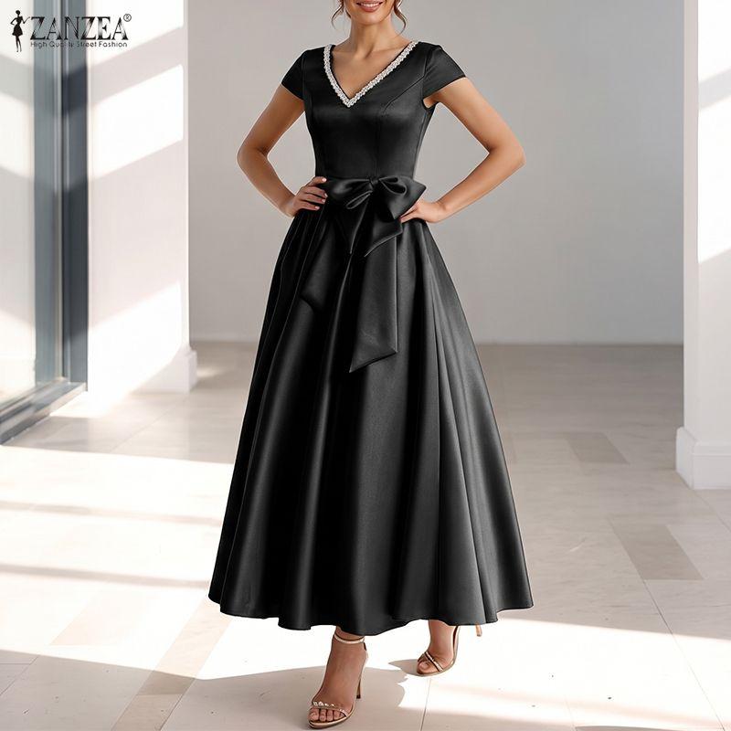 ZANZEA Women Elegant V-Neck Casual Short Sleeve Satin Long Dress