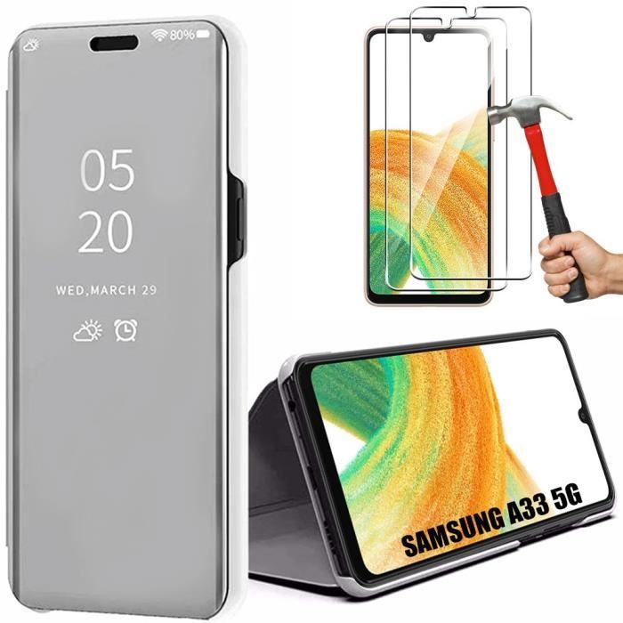 Coque de protection pour Samsung Galaxy A33 5G - BOOLING - Semi-rigide - Effet Miroir - Clear View - Argenté - 2 Verres Trempés