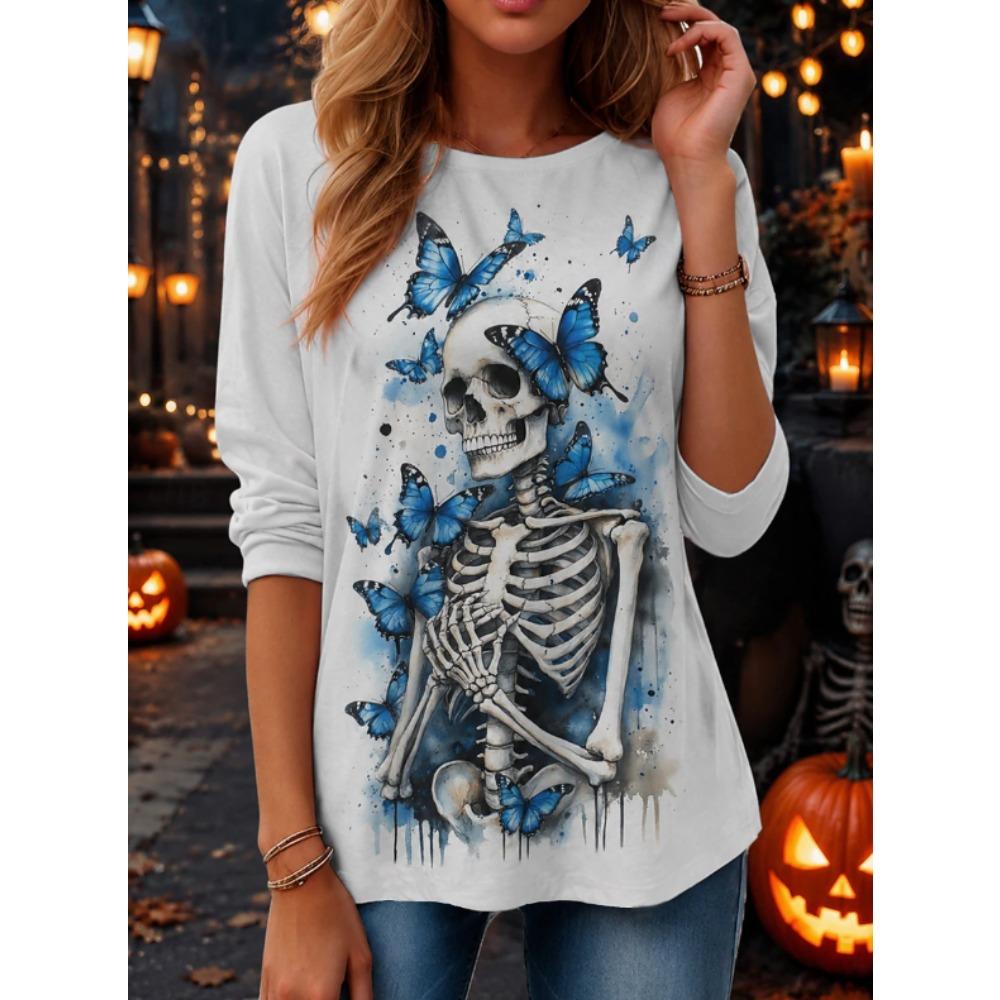 Tops for Women Skull Print Round Neck Long Sleeve T-shirt Fall Casual Slim Pullover Women's Long Sleeve Top