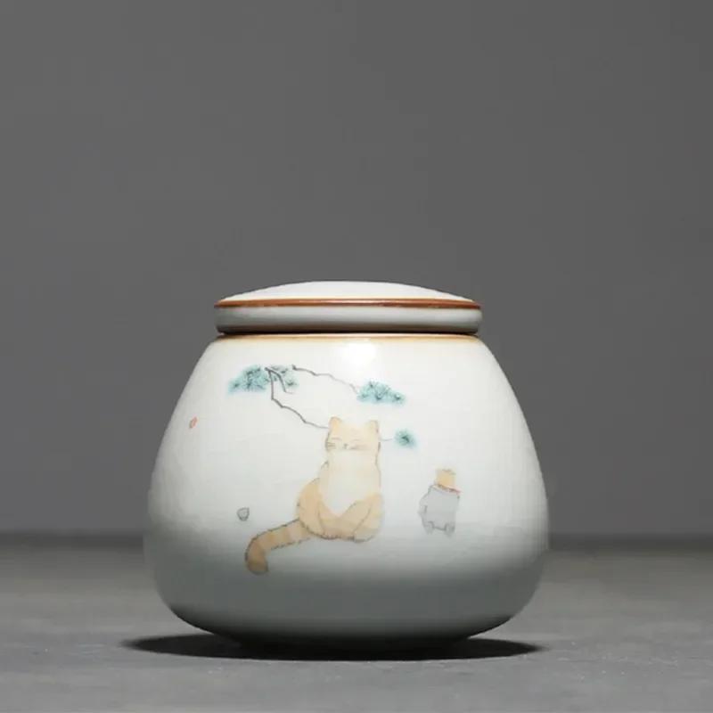 Chinese Ru Kiln Ceramics Tea Caddy Cute Cat Pattern Sealed Tea Leaf Container Travel Tea Bag Storage Box Kitchen Spice Organizer