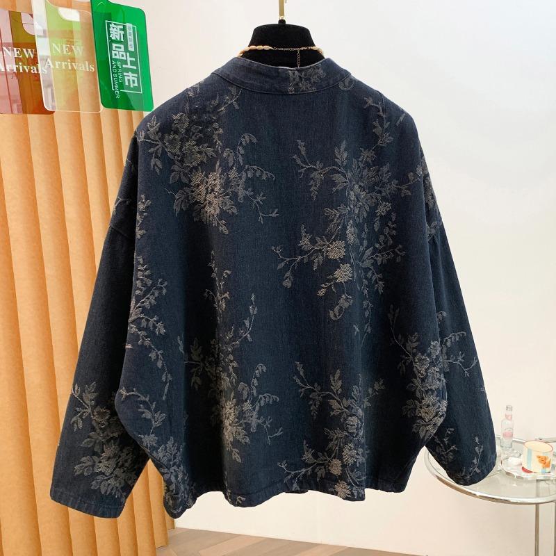 DIMANAF 2026 Autumn Winter Women Denim Jackets Short Coat Casual Print Floral Plus Size Loose Buttons Vintage Outwear