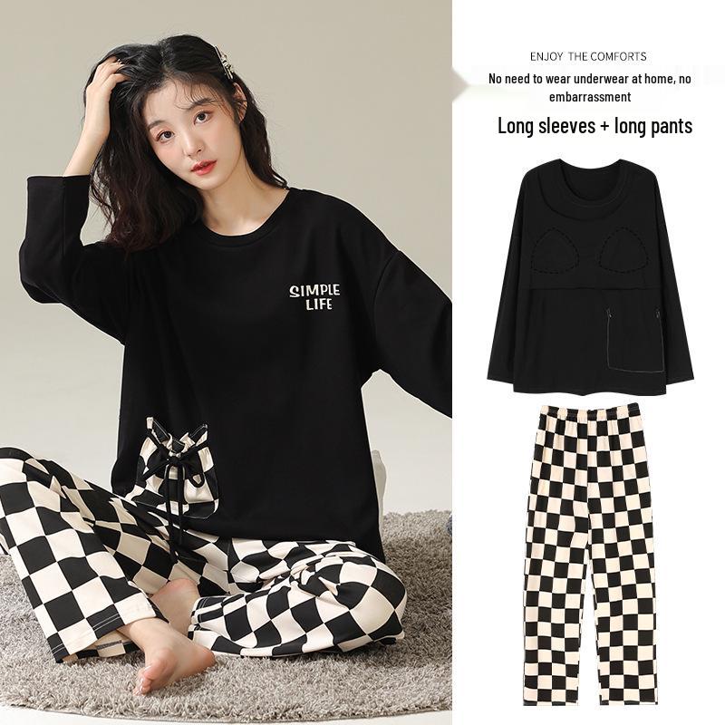 Women's Long-Sleeve Cotton Pajama Set with Chest Pads - Cozy Autumn/Winter Wear, Sweet & Stylish for Home or Outside