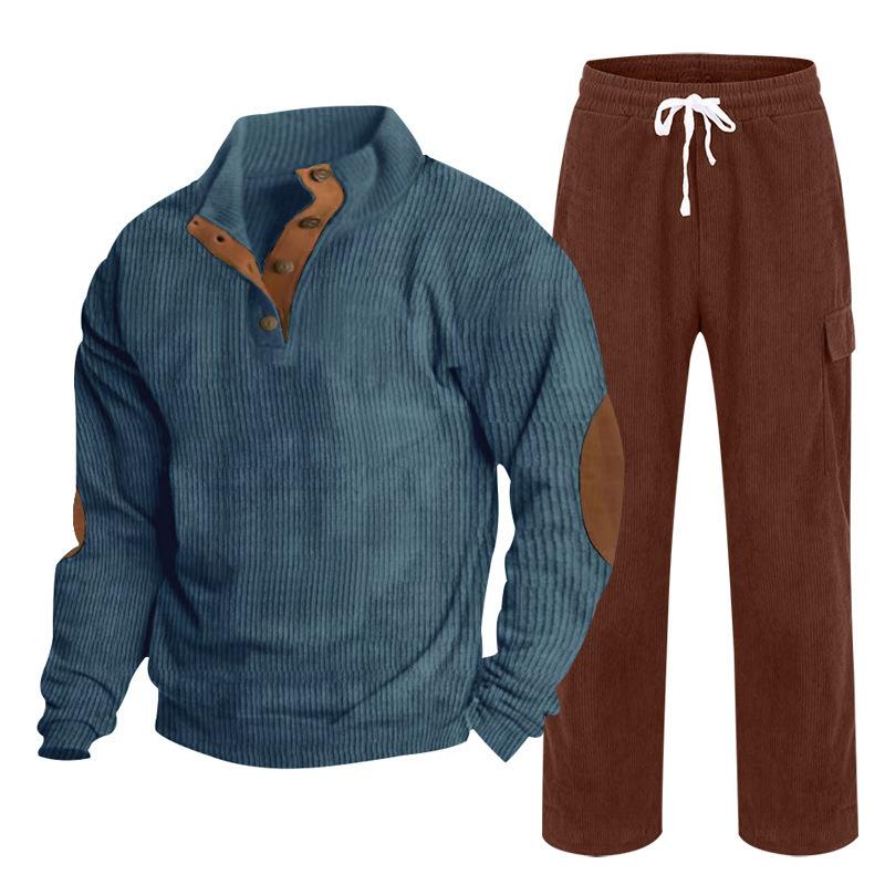 Herren Herbst/Winter Neuankömmling Sportbekleidung Zweiteiliges Set Cord Knopfleiste Henley Oberteil und Straight-Leg Hose Lässiges Ensemble