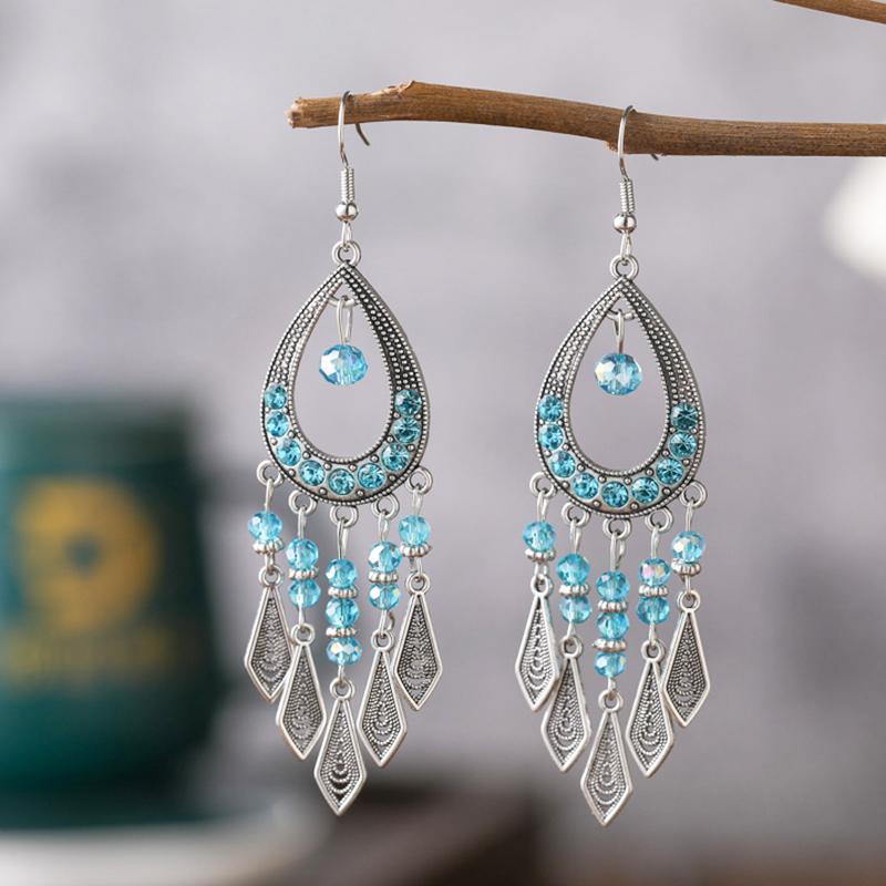 Ethnic Colorful Rhinestone Crystal Tassel Earrings For Women Vintage Niche Water Drop Shaped Earrings Vacation Daily Jewelry