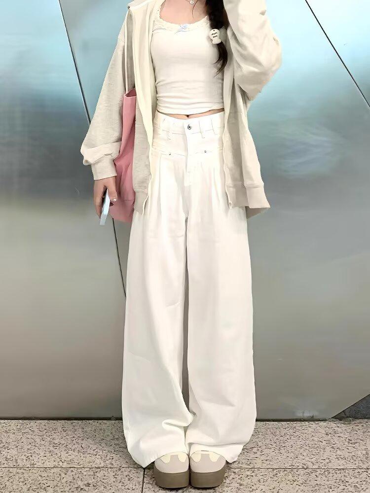 

Женские белые джинсы с высокой посадкой и широкими штанинами - Свободные, стройнящие, длиной до пола, для миниатюрных на весну/осень 2024 S белый