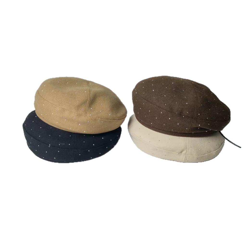 New Beret with Diamonds Female Sweet Temperament Painter's Hat Spring and Autumn Thin Face Small Beret Advanced Sense