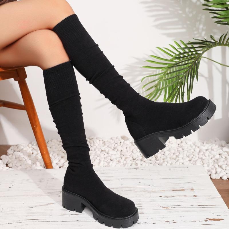 Knitted Stretch Boots Fashion Round Toe Breathable Sleeve Platform Non-Slip Block Heel Skinny Boots