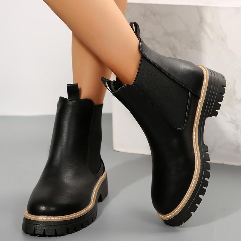 Fashion Comfort Thick Bottom Chelsea Boots Women 2025 Autumn Slip On Chunky Platform Black Pu Ankle Boots Woman's Casual Shoes Plus Size