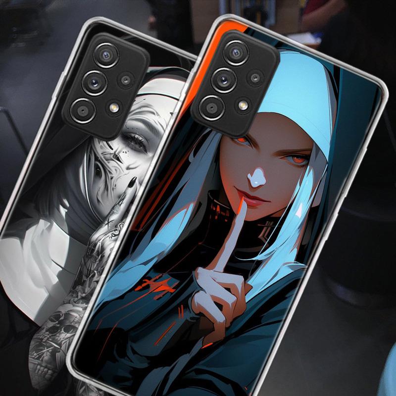Dunkle Nonne Handyhülle für Samsung A54 A57 A37 A17 A14 A15 A12 A24 A34 A55 A35 A25 A52S A07 A05S A04S A22 A32 A72 Galaxy Note 20 10