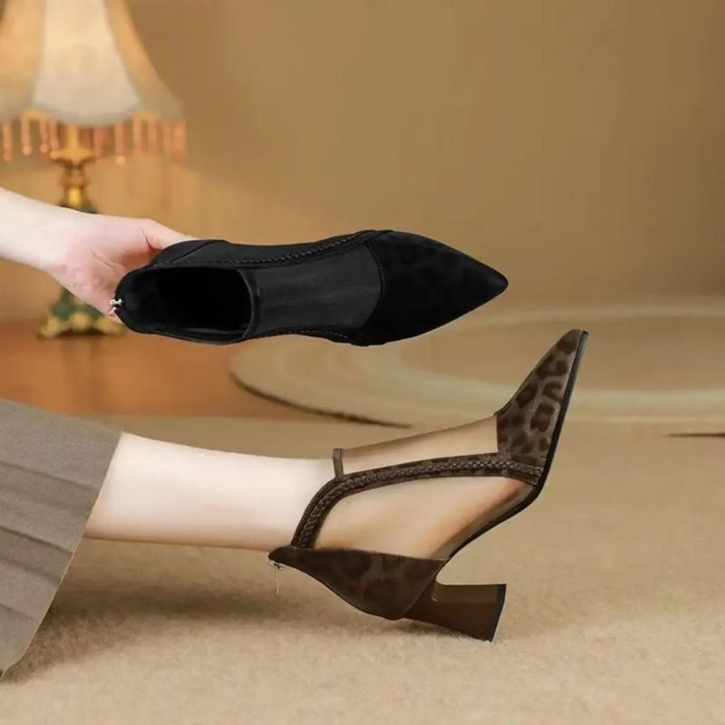2025Women's Fashion Pointy Splicing Mesh Fabric Back Zipper Soft Sole Anti-slip Wear-resistant Short High Heel Boots