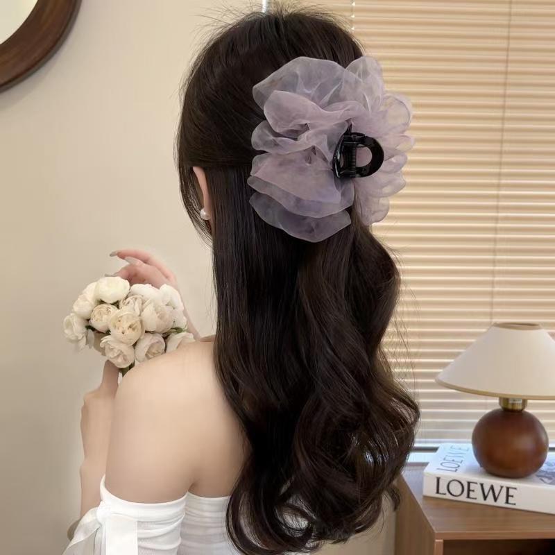 Large Summer Lace Edge Bow Claw Clip Hair Accessory for Women - Multi-Layer Feather Design