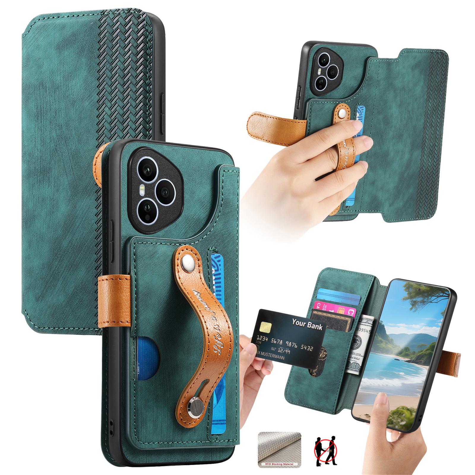 

For Honor 400 Pro 5G (Global) Case Wallet Retro Leather Phone Cover with Wristband Kickstand Green