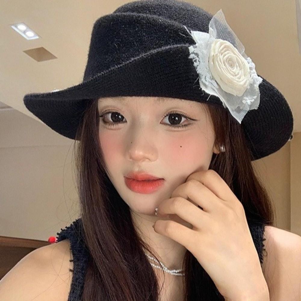 Lace Black Knitted Hat French Style Women Fisherman Hat Retro Hepburn Style Topper Hat Funeral